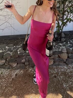 Beginning Boutique Fuchsia Satin Slip Maxi Dress